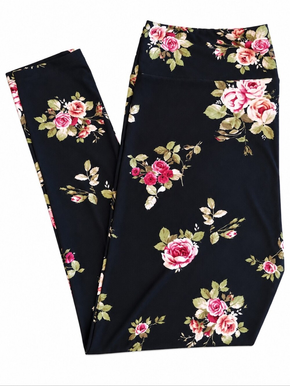 LuLaRoe Black Pink Roses Floral Simply Comfortable Leggings TC2 Tall & Curvy 2